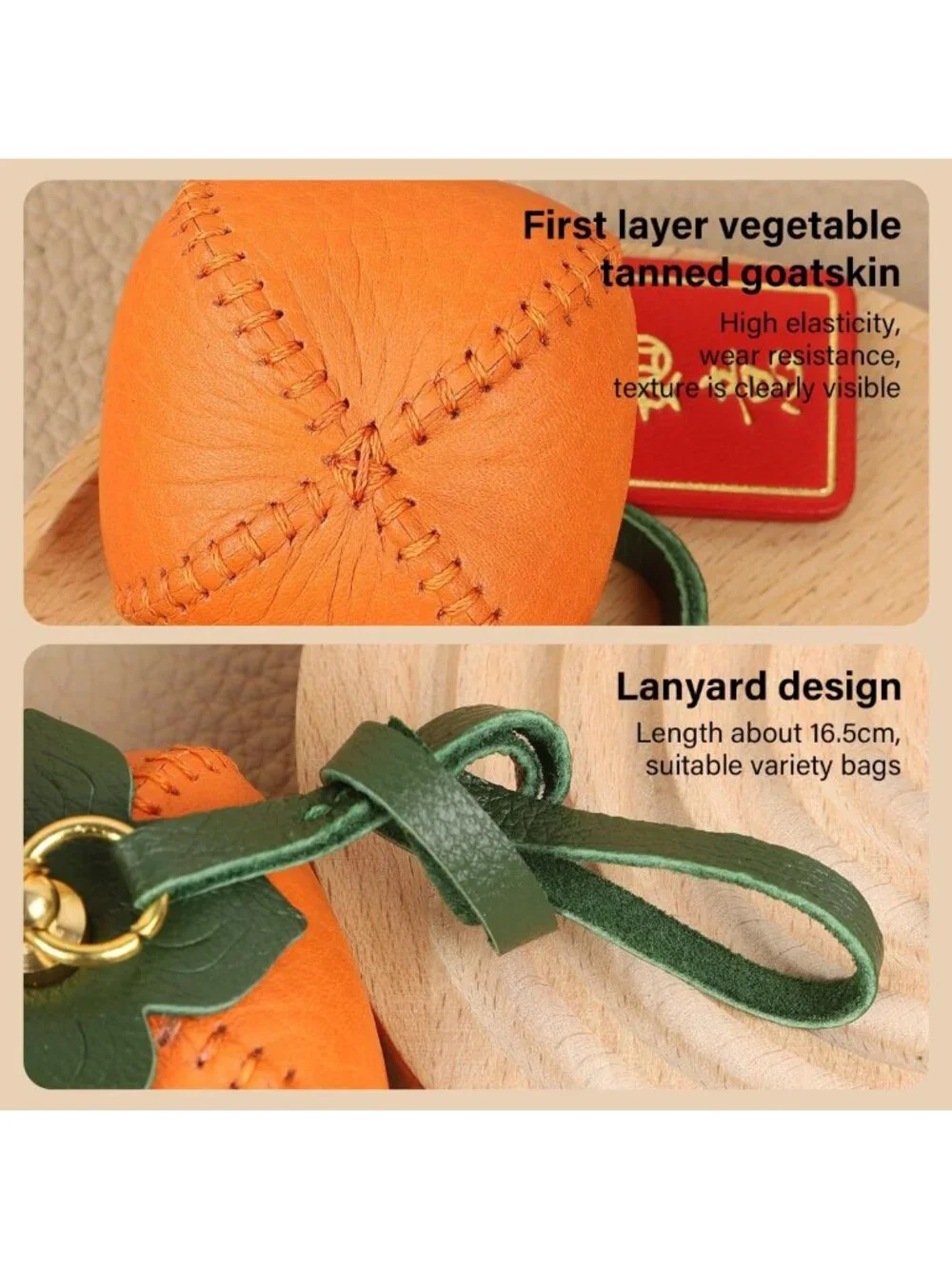 Handmade Leather Bag Charm Keychain - Persimmon Pendant for Handbags & Gifts